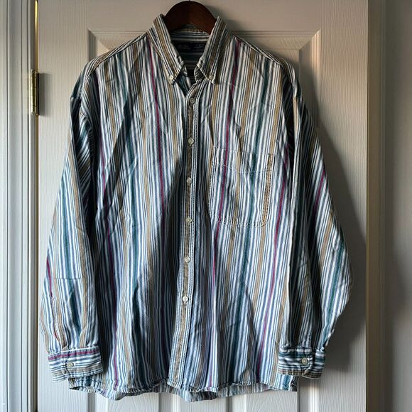 Vintage Bon Homme Long Sleeve Button Up | Mens Large Blue Striped | Size L - Picture 1 of 5